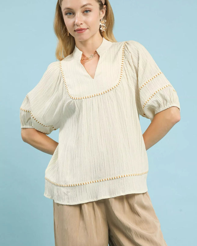 Umgee Textured Short Sleeve Top with Contrast Trim - Sleekdenim.com