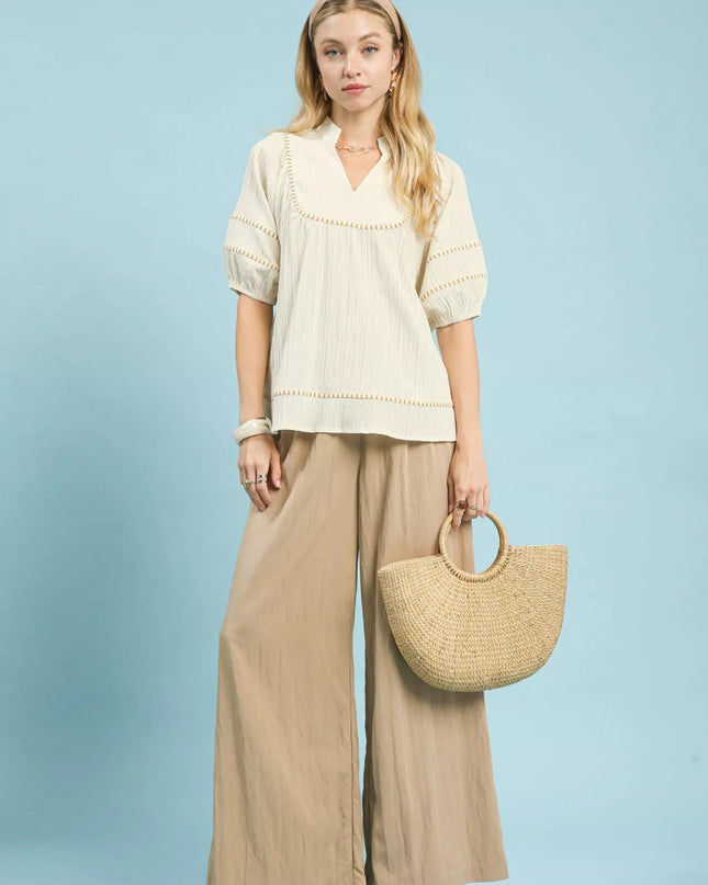 Umgee Textured Short Sleeve Top with Contrast Trim - Sleekdenim.com