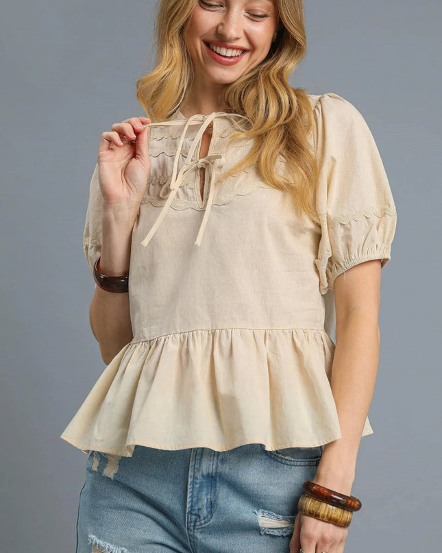 Umgee Tie Front Puff Sleeve Blouse - Sleekdenim.com