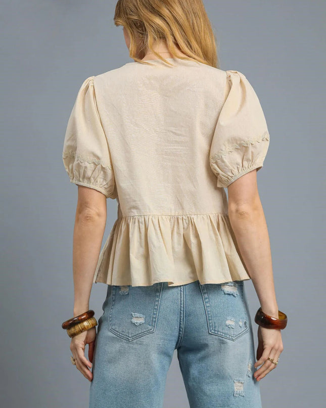 Umgee Tie Front Puff Sleeve Blouse - Sleekdenim.com