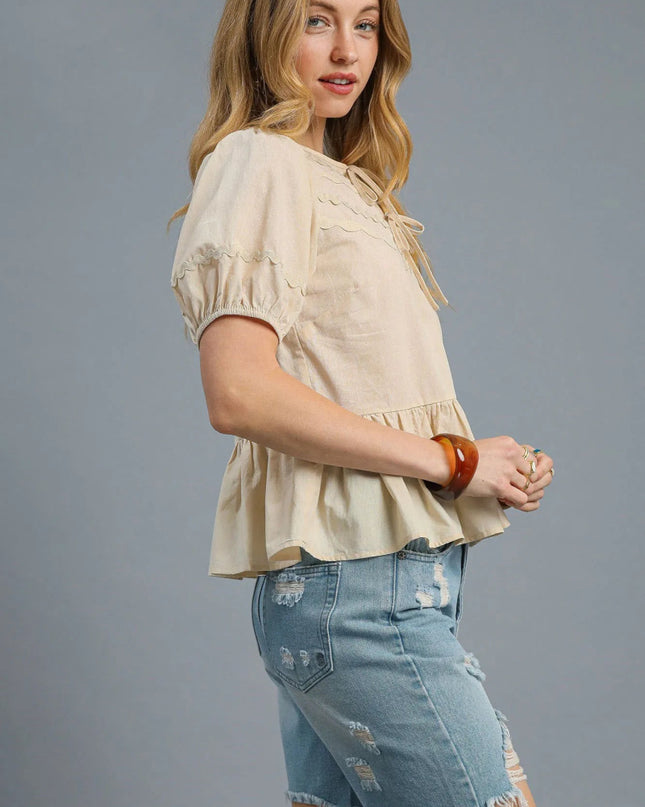 Umgee Tie Front Puff Sleeve Blouse - Sleekdenim.com