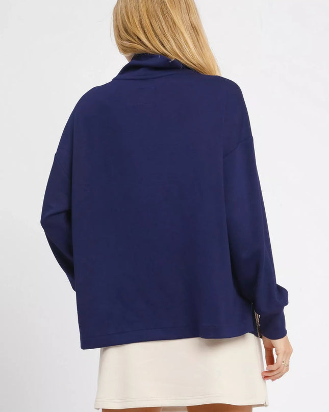 Umgee Turtle Neck Dolman Sleeve Side Slit Sweater with Contrast Detail - Sleekdenim.com