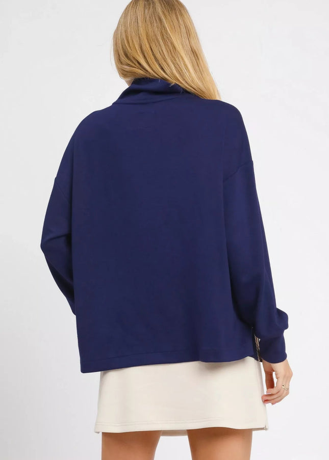 Umgee Turtle Neck Dolman Sleeve Side Slit Sweater with Contrast Detail - Sleekdenim.com