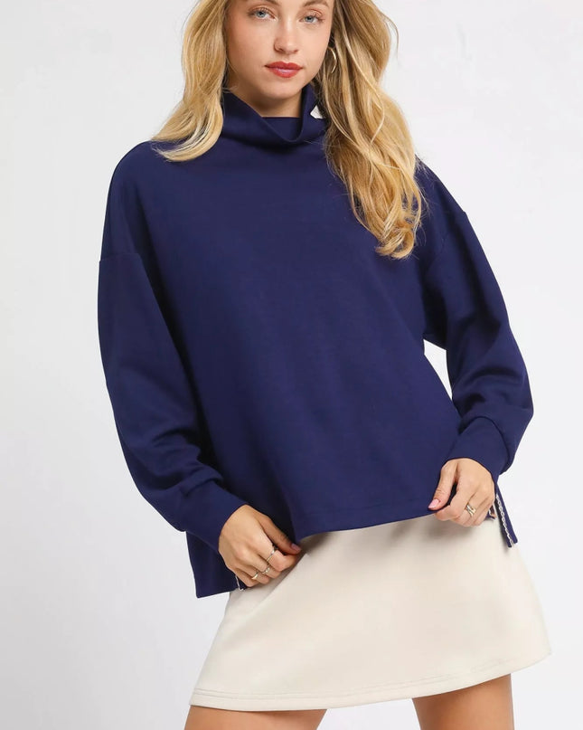 Umgee Turtle Neck Dolman Sleeve Side Slit Sweater with Contrast Detail - Sleekdenim.com