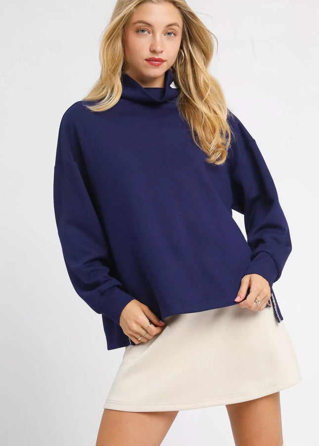 Umgee Turtle Neck Dolman Sleeve Side Slit Sweater with Contrast Detail - Sleekdenim.com