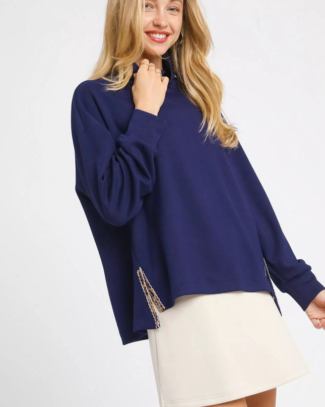 Umgee Turtle Neck Dolman Sleeve Side Slit Sweater with Contrast Detail - Sleekdenim.com