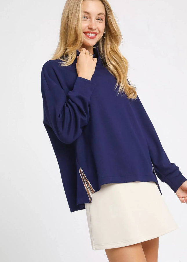 Umgee Turtle Neck Dolman Sleeve Side Slit Sweater with Contrast Detail - Sleekdenim.com