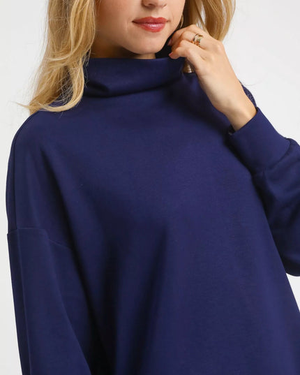 Umgee Turtle Neck Dolman Sleeve Side Slit Sweater with Contrast Detail - Sleekdenim.com