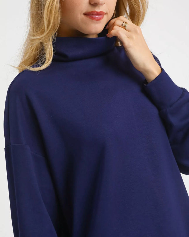 Umgee Turtle Neck Dolman Sleeve Side Slit Sweater with Contrast Detail - Sleekdenim.com