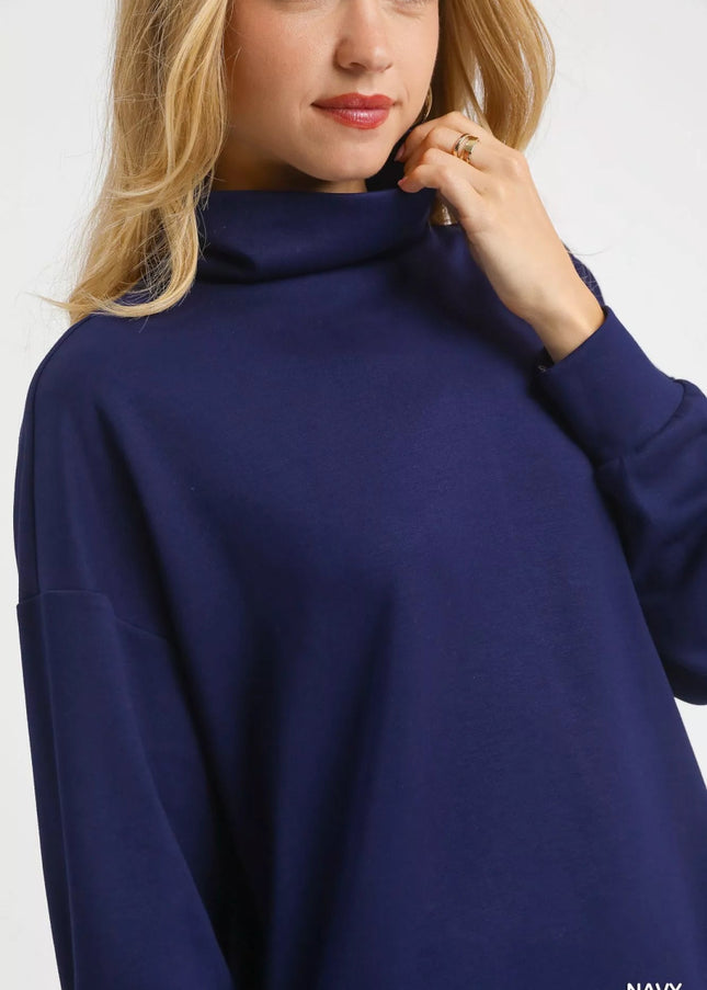 Umgee Turtle Neck Dolman Sleeve Side Slit Sweater with Contrast Detail - Sleekdenim.com