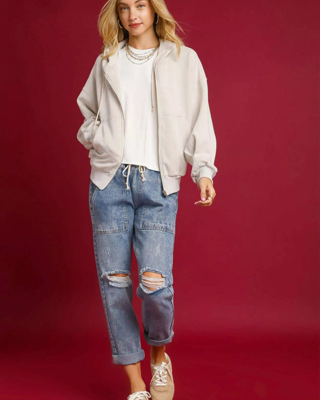 Umgee Zip - Up Fleece Hooded Jacket - Sleekdenim.com