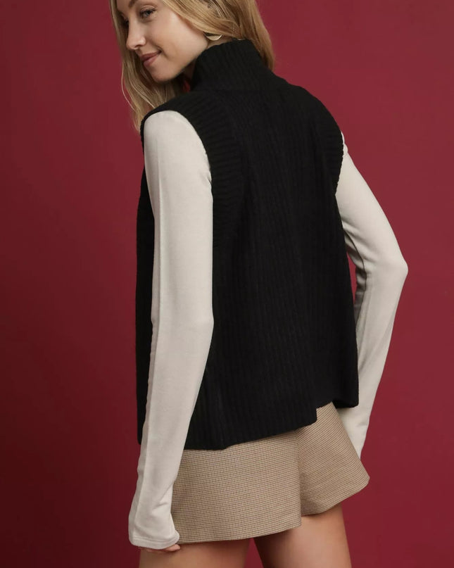 Umgee Zip - Up Sweater Vest with Ribbed Trim - Sleekdenim.com