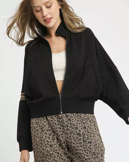 Umgee Zipper Up Cropped Jacket with Leopard Trim - Sleekdenim.com