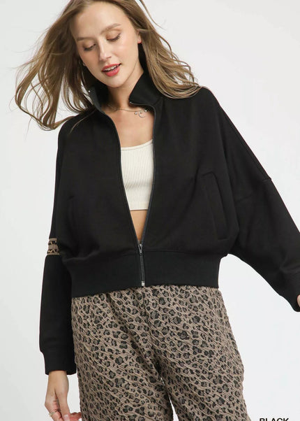 Umgee Zipper Up Cropped Jacket with Leopard Trim - Sleekdenim.com