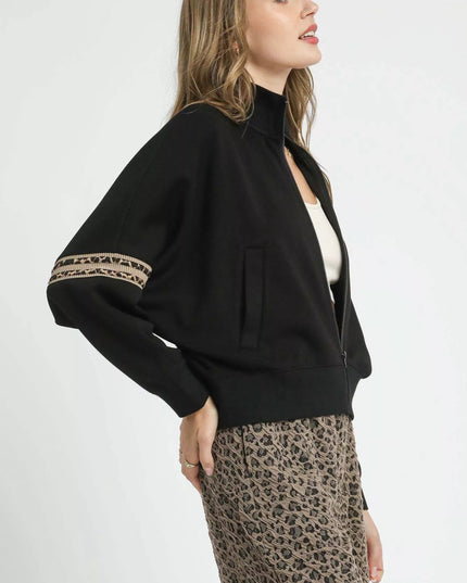 Umgee Zipper Up Cropped Jacket with Leopard Trim - Sleekdenim.com