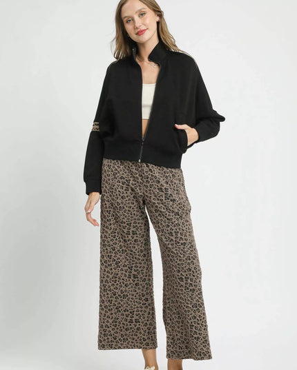 Umgee Zipper Up Cropped Jacket with Leopard Trim - Sleekdenim.com