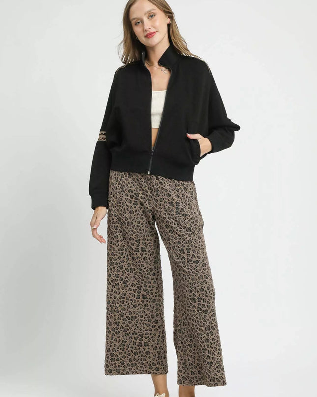 Umgee Zipper Up Cropped Jacket with Leopard Trim - Sleekdenim.com