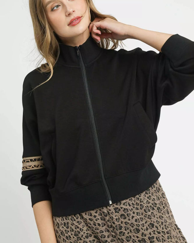 Umgee Zipper Up Cropped Jacket with Leopard Trim - Sleekdenim.com