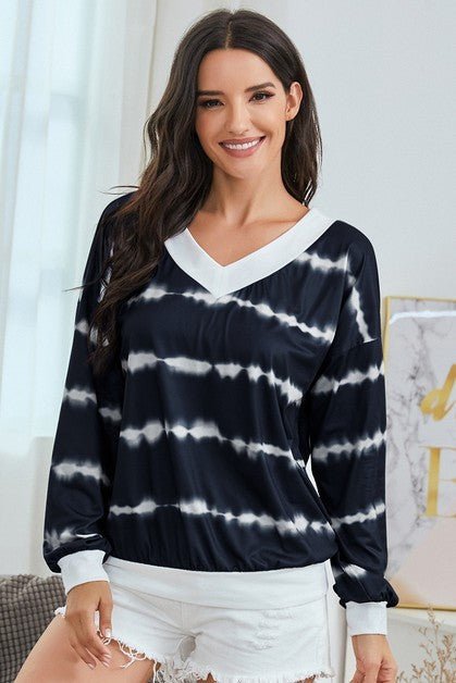 V Neck Striped Long Sleeve Top - Sleekdenim.com