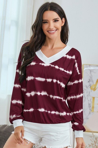 V Neck Striped Long Sleeve Top - Sleekdenim.com