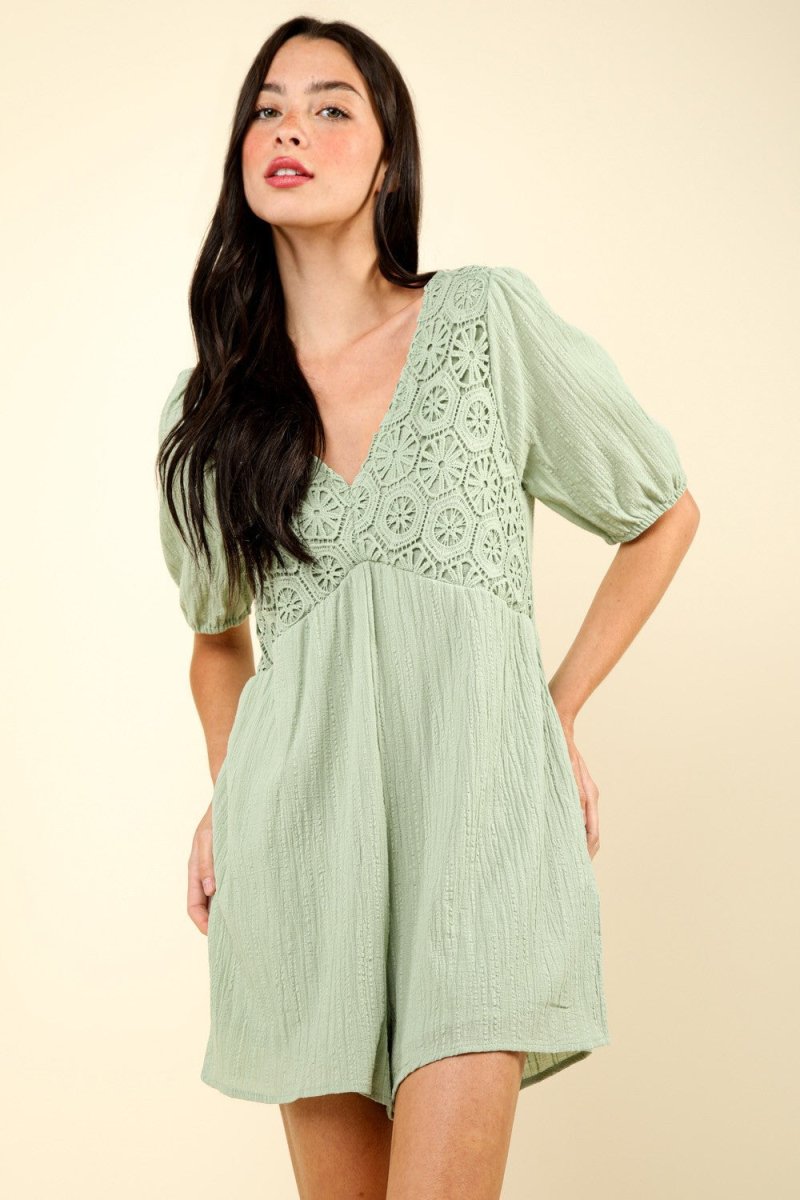 VERY J Lace Detail Puff Sleeve Romper with Pockets - Sleekdenim.com