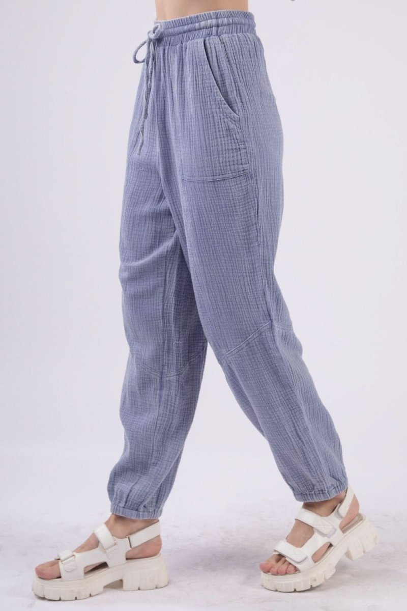 VERY J Washed Woven Crinkle Gauze Drawstring Cargo Pants - Sleekdenim.com