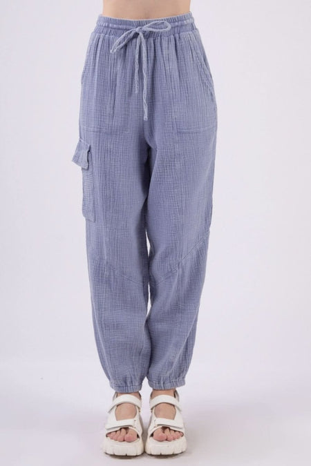 VERY J Washed Woven Crinkle Gauze Drawstring Cargo Pants - Sleekdenim.com