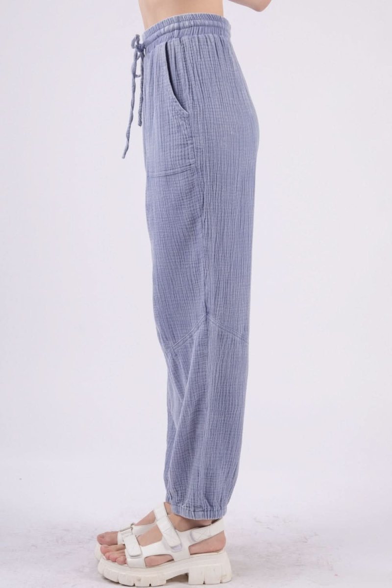 VERY J Washed Woven Crinkle Gauze Drawstring Cargo Pants - Sleekdenim.com