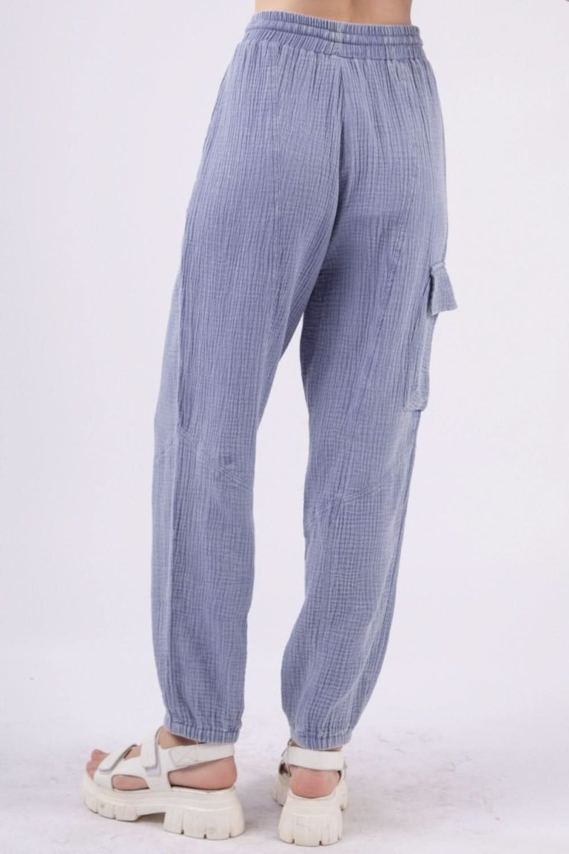 VERY J Washed Woven Crinkle Gauze Drawstring Cargo Pants - Sleekdenim.com