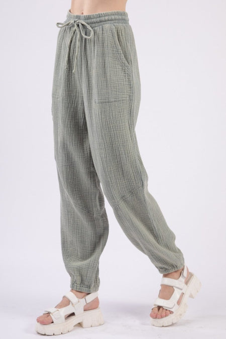 VERY J Washed Woven Crinkle Gauze Drawstring Pants - Sleekdenim.com