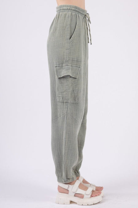 VERY J Washed Woven Crinkle Gauze Drawstring Pants - Sleekdenim.com