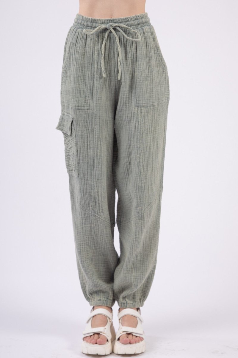 VERY J Washed Woven Crinkle Gauze Drawstring Pants - Sleekdenim.com