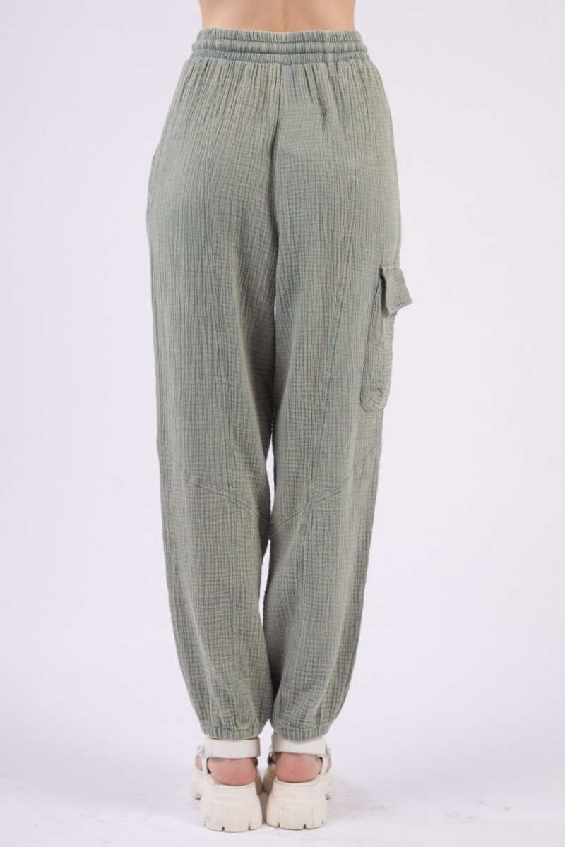 VERY J Washed Woven Crinkle Gauze Drawstring Pants - Sleekdenim.com