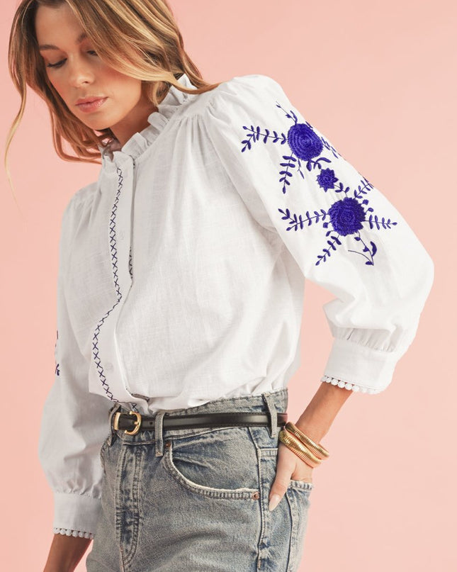 White Floral Embroidered Button Up Boho Blouse - Sleekdenim.com