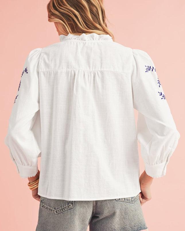 White Floral Embroidered Button Up Boho Blouse - Sleekdenim.com