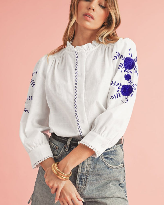 White Floral Embroidered Button Up Boho Blouse - Sleekdenim.com