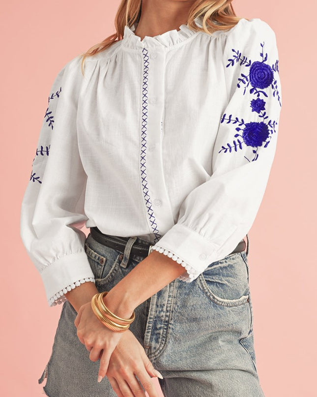 White Floral Embroidered Button Up Boho Blouse - Sleekdenim.com