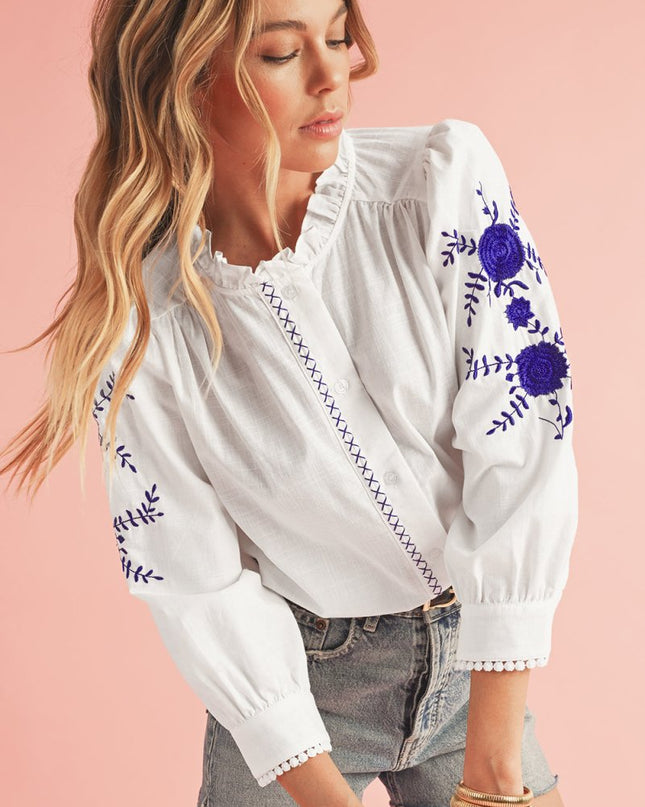 White Floral Embroidered Button Up Boho Blouse - Sleekdenim.com