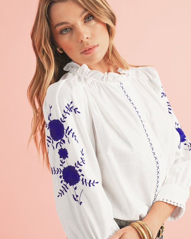 White Floral Embroidered Button Up Boho Blouse - Sleekdenim.com