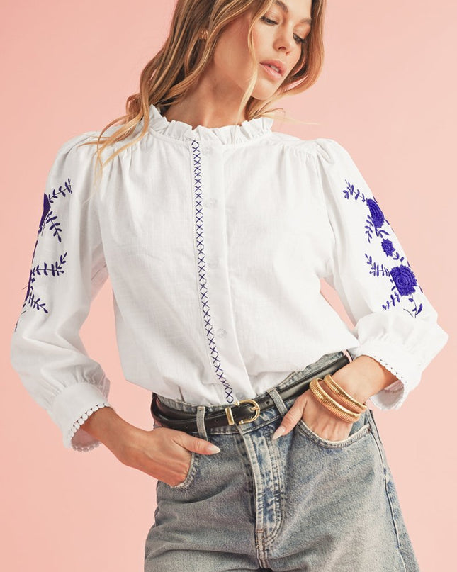 White Floral Embroidered Button Up Boho Blouse - Sleekdenim.com
