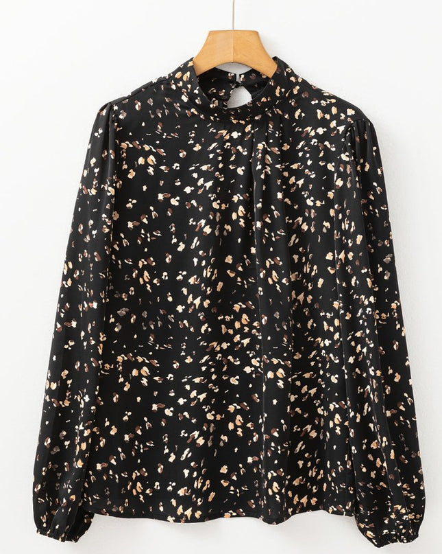 White Leopard Print Puff Sleeve Mock Neck Pleated Blouse - Sleekdenim.com