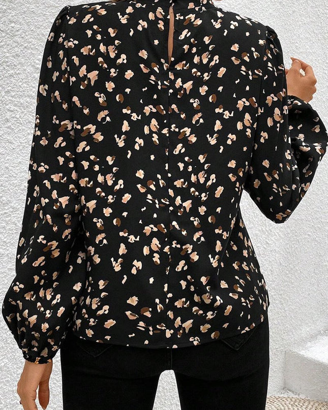 White Leopard Print Puff Sleeve Mock Neck Pleated Blouse - Sleekdenim.com