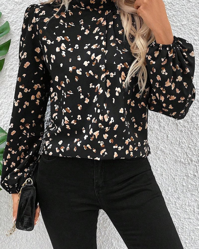 White Leopard Print Puff Sleeve Mock Neck Pleated Blouse - Sleekdenim.com