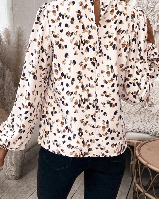 White Leopard Print Puff Sleeve Mock Neck Pleated Blouse - Sleekdenim.com