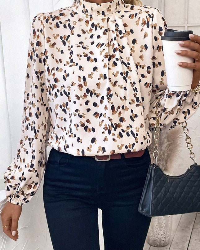 White Leopard Print Puff Sleeve Mock Neck Pleated Blouse - Sleekdenim.com