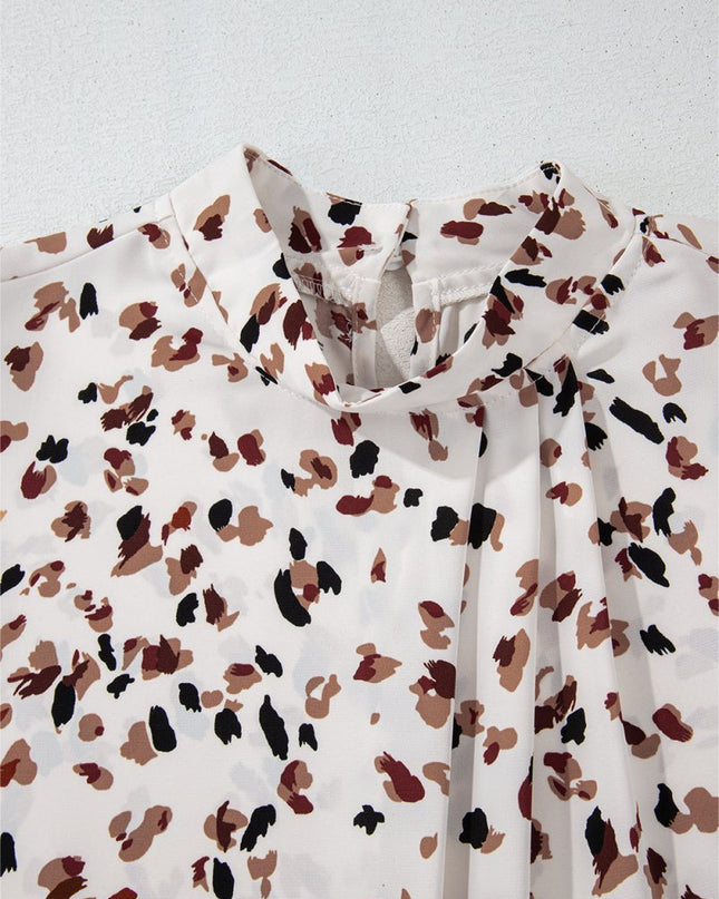 White Leopard Print Puff Sleeve Mock Neck Pleated Blouse - Sleekdenim.com