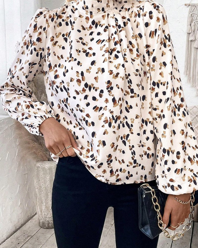 White Leopard Print Puff Sleeve Mock Neck Pleated Blouse - Sleekdenim.com