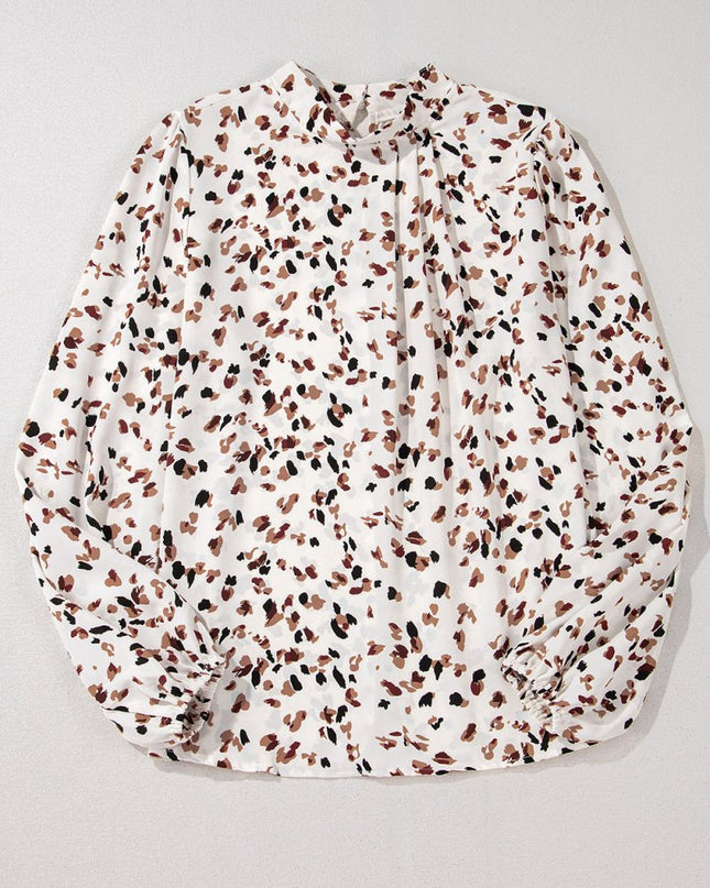 White Leopard Print Puff Sleeve Mock Neck Pleated Blouse - Sleekdenim.com