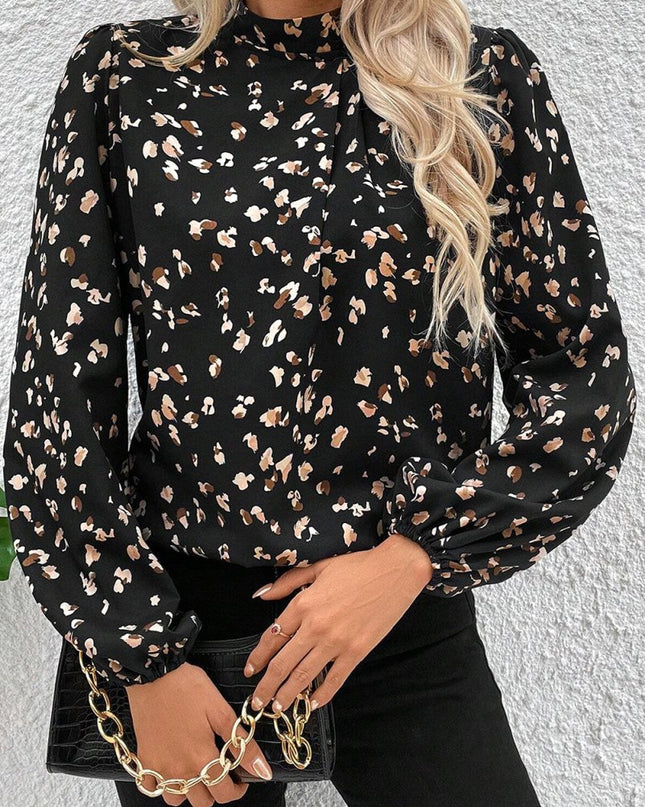White Leopard Print Puff Sleeve Mock Neck Pleated Blouse - Sleekdenim.com