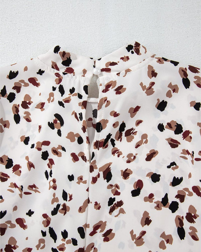White Leopard Print Puff Sleeve Mock Neck Pleated Blouse - Sleekdenim.com
